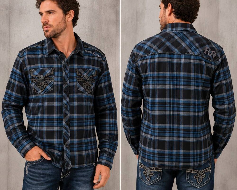 Rock Revival Plaid Button Up Shirt Men's XXL Blue Gray Embroidered Cotton - Picture 2 of 9